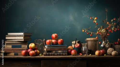 A cozy arrangement of apples, books, a floral centerpiece,