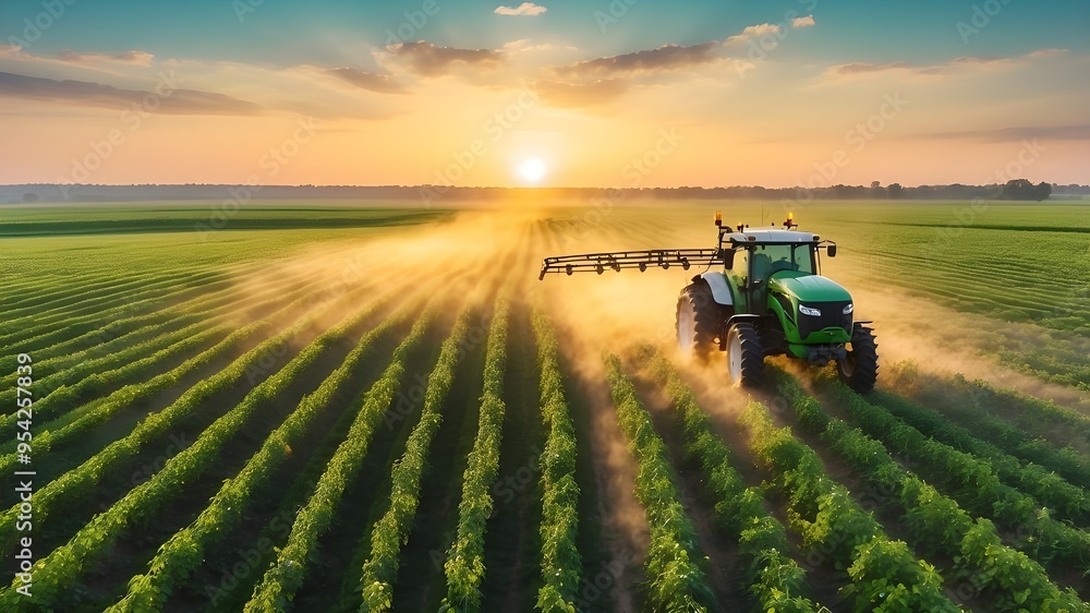 Drone view of a tractor spraying pesticides from the air over a green soybean plantation at sunset. Illustration of generative AI Drone view of a tractor spraying pesticides from the air over a green soybean plantation at sunset. Illustration of generative AI