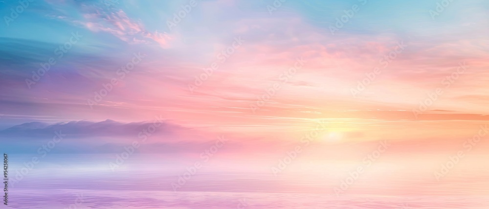 Obraz premium Dreamy Pastel Sunset Over Misty Mountains and a Calm Sea