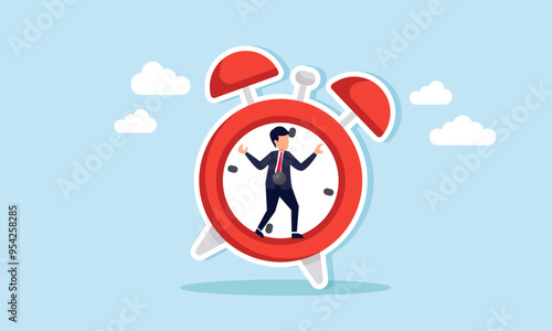 A businessman stuck to an alarm clock, Illustration concept of A businessman chased by time or event deadlines in his business affairs