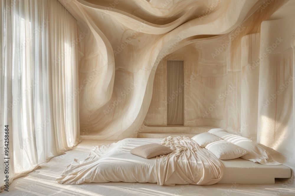A white bedroom with a white bed and white curtains A white bedroom with a white bed and white curtains