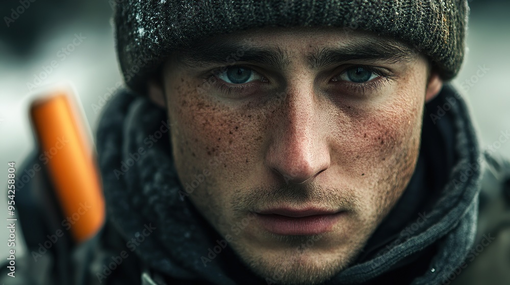 Male Soldier in a Beanie Hat with a Clear and Unobstructed View of His Face, Emphasizing a Strong and Determined Expression. Suitable for Depictions of Military or Tactical Themes. Male Soldier in a Beanie Hat with a Clear and Unobstructed View of His Face, Emphasizing a Strong and Determined Expression. Suitable for Depictions of Military or Tactical Themes.