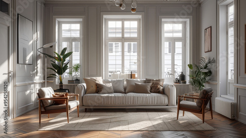 A living room with a couch, two chairs, and a coffee table