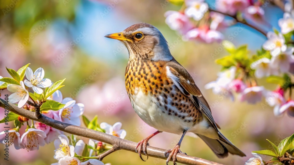 Fieldfare bird perched on a blooming branch in spring , wildlife, nature, bird, fieldfare, colorful, feathers, branch Fieldfare bird perched on a blooming branch in spring , wildlife, nature, bird, fieldfare, colorful, feathers, branch