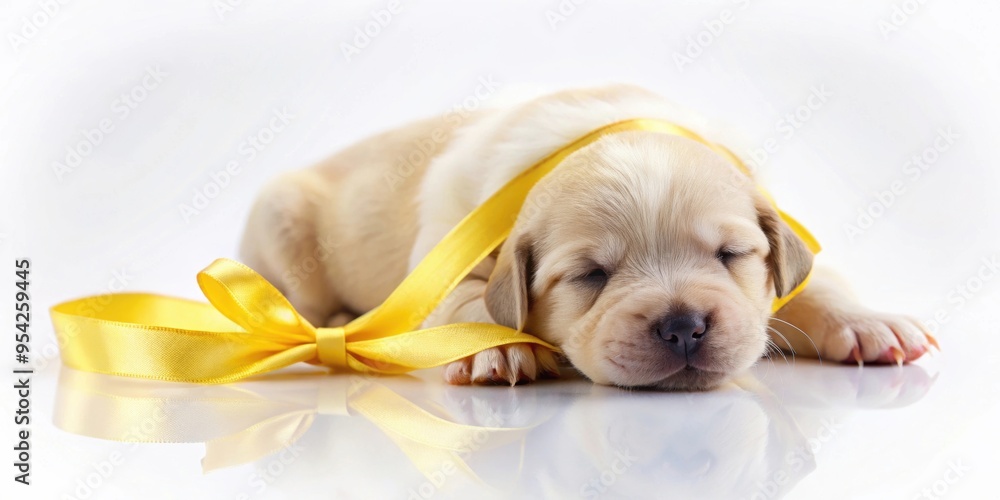 Newborn puppy lying sideways with a yellow ribbon , puppy, newborn, dog, pet, adorable, cute, ribbon, yellow, small, fluffy Newborn puppy lying sideways with a yellow ribbon , puppy, newborn, dog, pet, adorable, cute, ribbon, yellow, small, fluffy