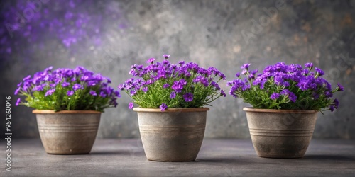 Small purple flowers in gray ceramic pots on stone background Rustic style, purple, flowers, gray, ceramic pots, stone, background