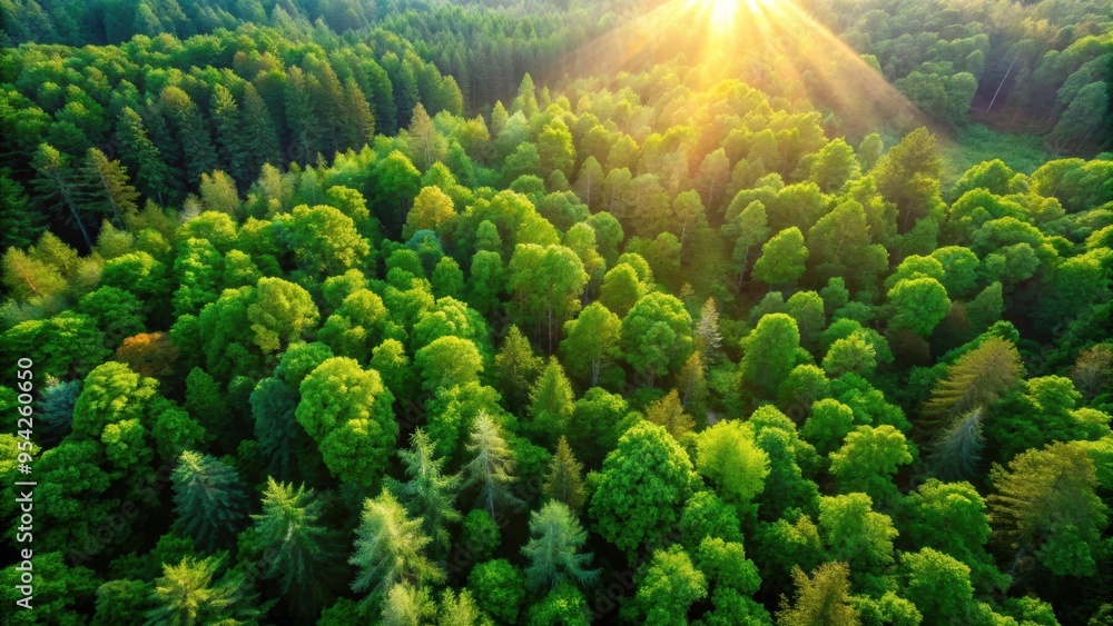Fototapeta premium Drone view of lush green forest with sunlight filtering through the trees, nature, aerial, landscape, drone, trees