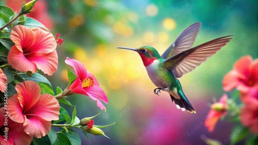 Fototapeta premium Lively humming bird hovering over vibrant hibiscus flowers, hummingbird, nature, wildlife, colorful, vibrant, petals, pollination