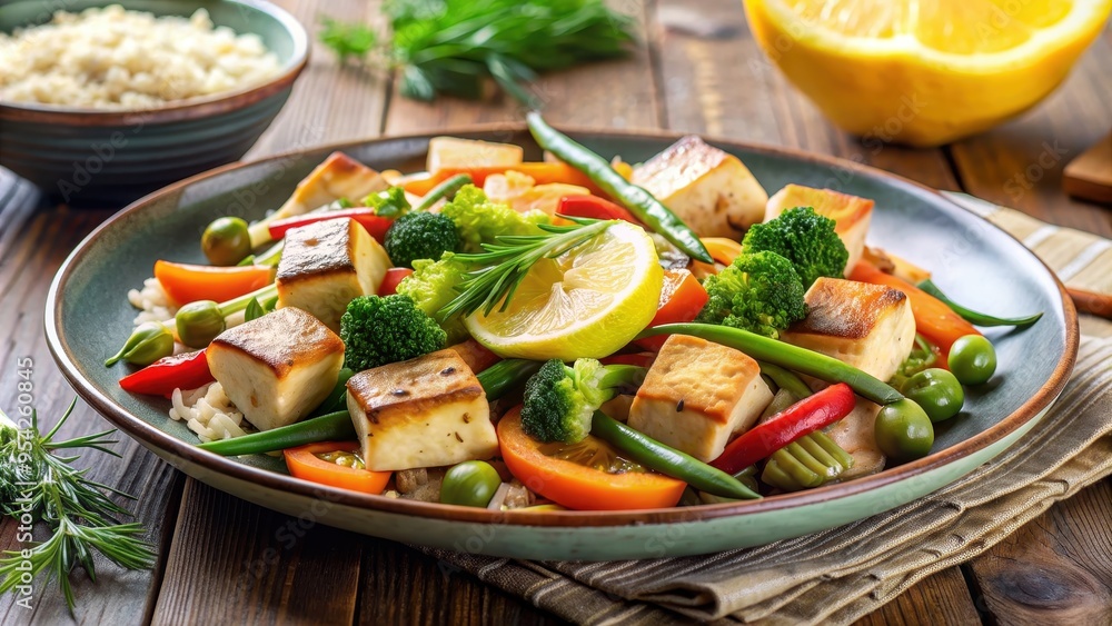 Beautifully plated tofu stir-fry with lemon-dill sauce and assorted vegetables , tofu, stir-fry, lemon-dill sauce Beautifully plated tofu stir-fry with lemon-dill sauce and assorted vegetables , tofu, stir-fry, lemon-dill sauce