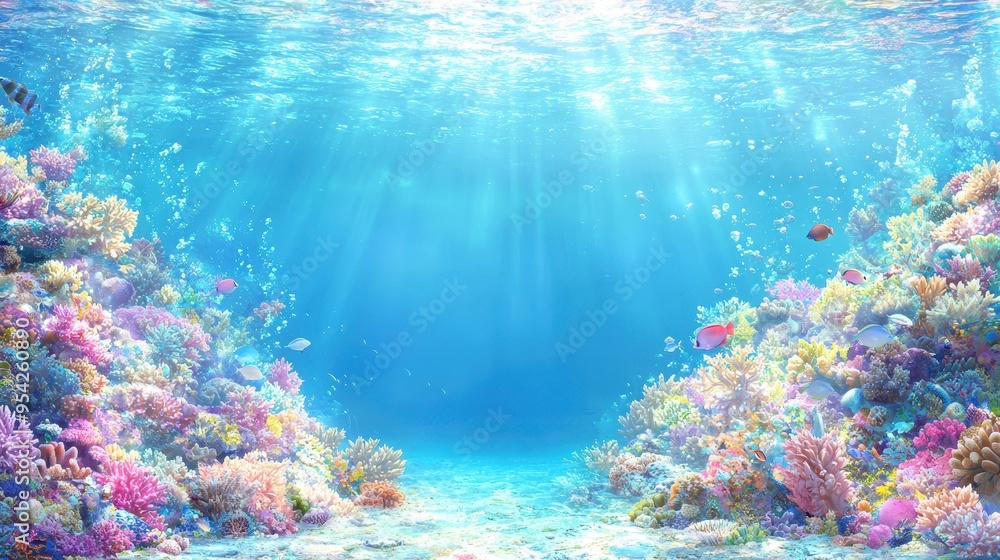 Obraz premium Underwater Coral Reef Scene with Sun Rays and Tropical Fish