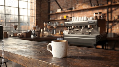 A 3D-rendered coffee mug on a rustic industrial counter in a warm-toned shop