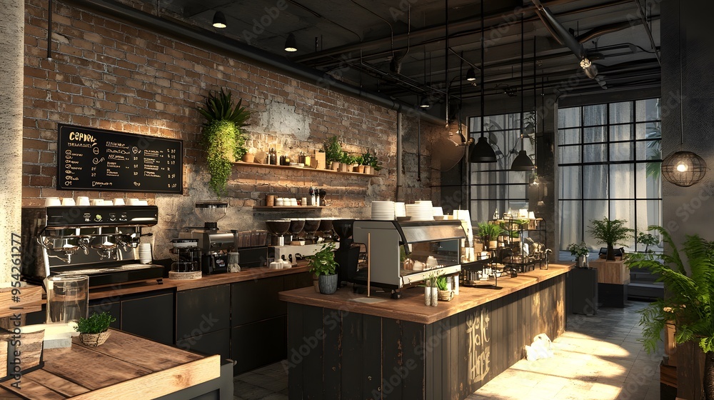 A 3D-rendered coffee shop with eco-friendly practices and rustic industrial design A 3D-rendered coffee shop with eco-friendly practices and rustic industrial design