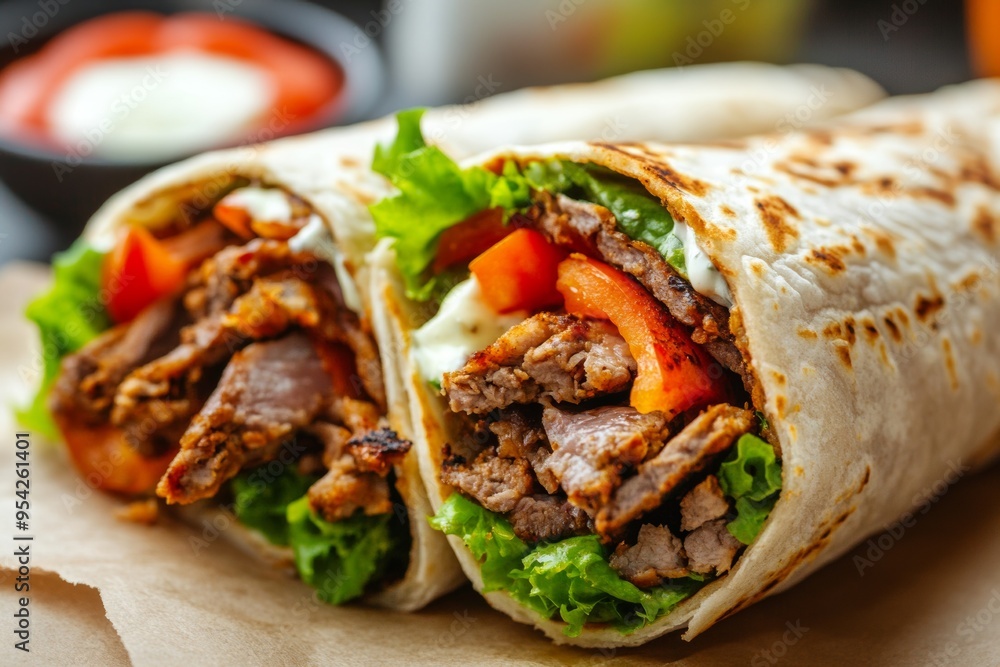 Delicious doner kebab wrap filled with grilled meat, fresh vegetables, and sauce served on a rustic platter in a casual dining setting Delicious doner kebab wrap filled with grilled meat, fresh vegetables, and sauce served on a rustic platter in a casual dining setting