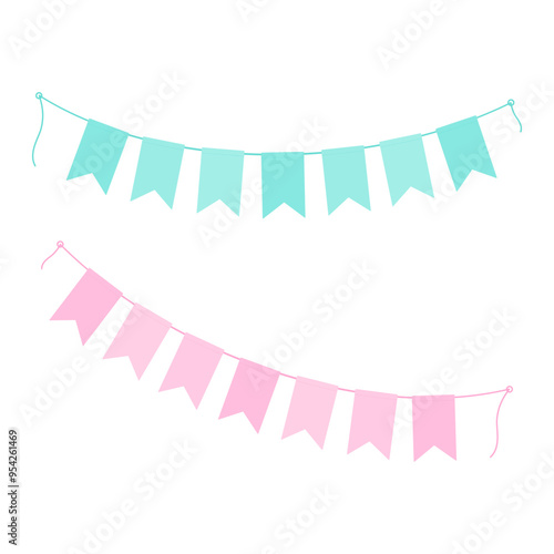 Festive pennants garlands in trendy monochrome soft pink and mint Isolated Set of 2 Greetings idea