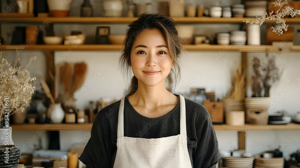 Smiling woman in apron standing in front of shelves with pottery. Smiling woman in apron standing in front of shelves with pottery.