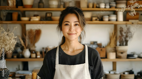 Smiling woman in apron stan...