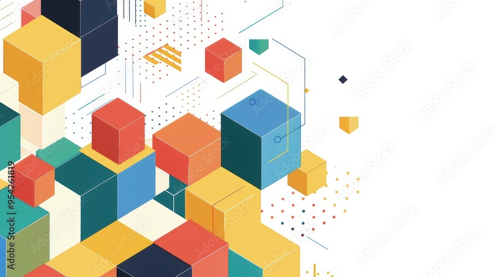 Fototapeta premium Abstract geometric design with colorful cubes and patterns.