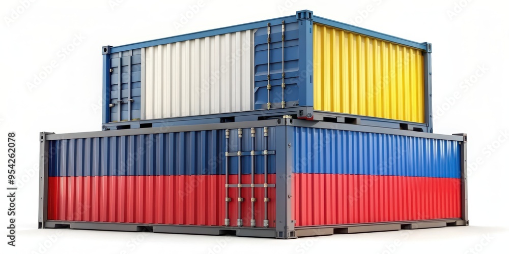 Fototapeta premium Cargo containers branded with Ukraine and Poland flags for international shipping, cargo containers