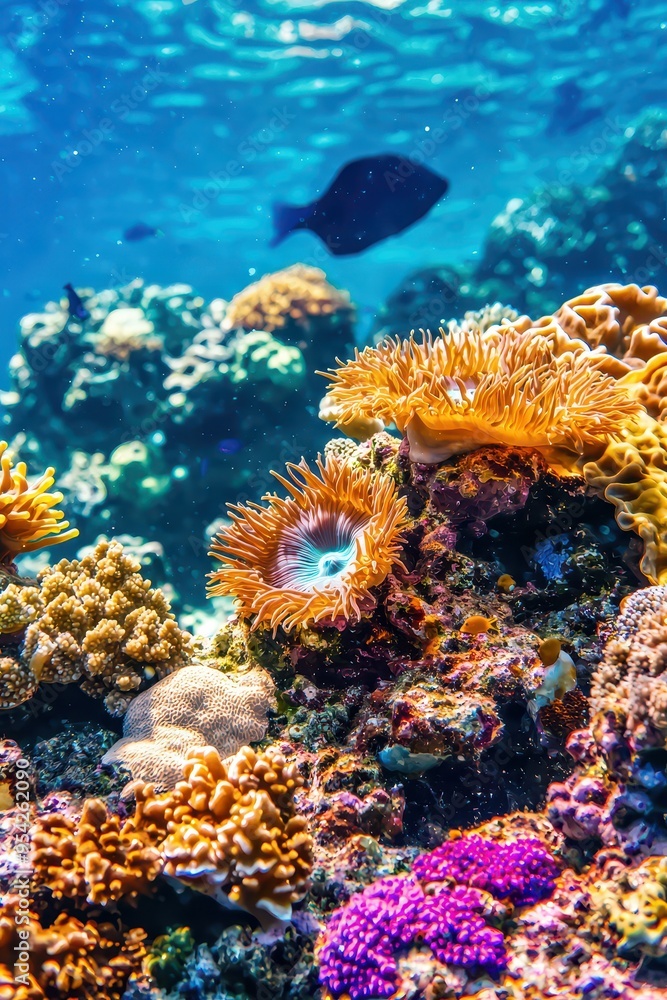 Fototapeta premium Vibrant Underwater Coral Reef with Colorful Sea Anemones and Fish