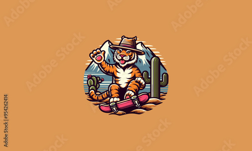 tiger playing skateboard on cactus vector illustration mascot design