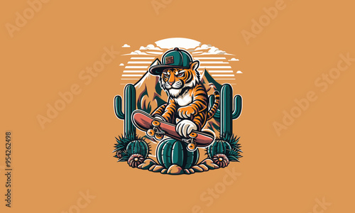 tiger playing skateboard on cactus vector illustration mascot design