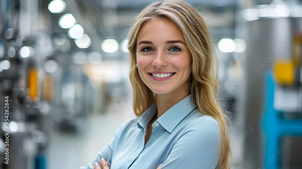 Smiling young woman in a blue shirt looking confidently at the camera in a factory setting. Smiling young woman in a blue shirt looking confidently at the camera in a factory setting.