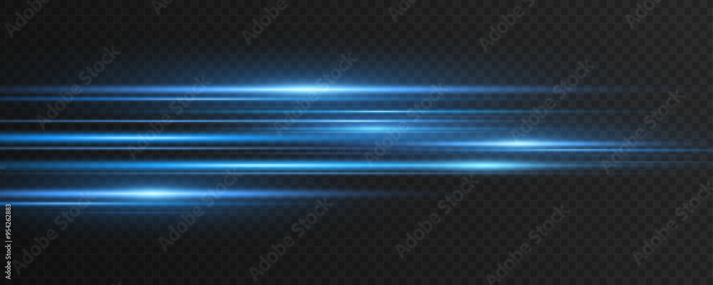 Moving laser beams of light isolated on dark transparent background. Abstract light effect. Lens flare. Horizontal blue rays glowing in the dark. Vector illustration. Moving laser beams of light isolated on dark transparent background. Abstract light effect. Lens flare. Horizontal blue rays glowing in the dark. Vector illustration.