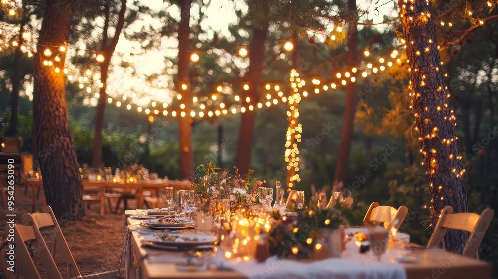Romantic Outdoor Dinner Party with String Lights in the Woods Romantic Outdoor Dinner Party with String Lights in the Woods