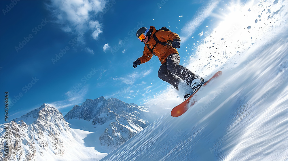 Snowboarder carving through powder on a mountain slope with a blue sky and snowy peaks in the background. Snowboarder carving through powder on a mountain slope with a blue sky and snowy peaks in the background.