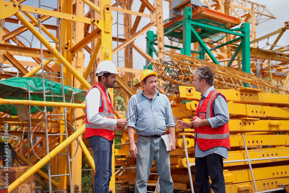Team of workers at construction site with heavy machines. Team of workers at construction site with heavy machines.