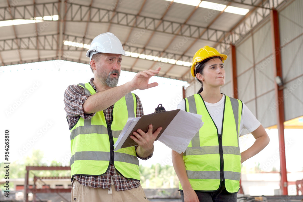 Team of workers at construction site with heavy machines. Team of workers at construction site with heavy machines.