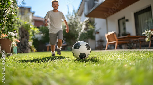 Soccer ball on green grass ...
