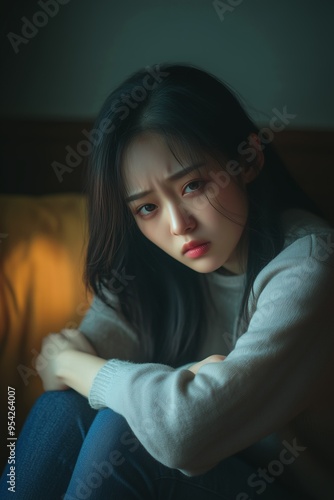 Sad depressed asian woman sitting in her living room, depression and loneliness, mental health concept. Vertical (2:3)