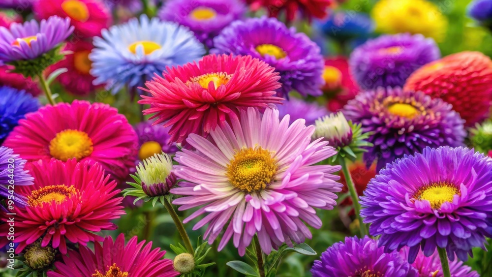 Vibrant image of Aster flowers in bloom, showcasing various species and varieties , Aster, novae-belgiae, latifloius, floriis Vibrant image of Aster flowers in bloom, showcasing various species and varieties , Aster, novae-belgiae, latifloius, floriis