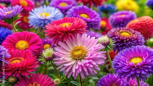 Vibrant image of Aster flowers in bloom, showcasing various species and varieties , Aster, novae-belgiae, latifloius, floriis