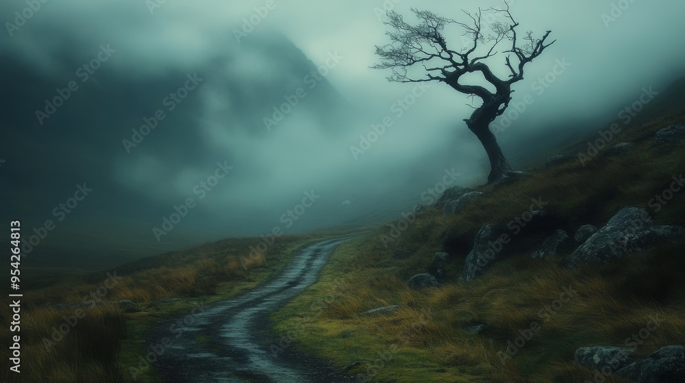 Fototapeta premium Lonely Tree on a Winding Path in a Foggy Mountain Landscape