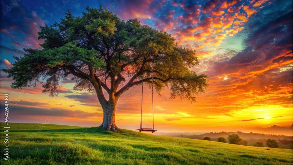 Majestic tree with a swing under a colorful sunset sky in a tranquil rural setting , majestic, tree, swing, colorful, sunset Majestic tree with a swing under a colorful sunset sky in a tranquil rural setting , majestic, tree, swing, colorful, sunset