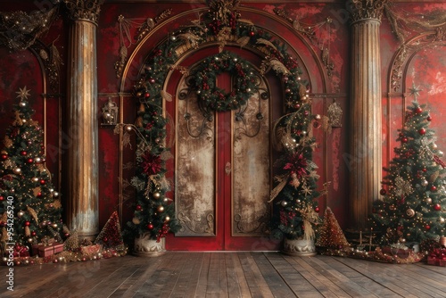 Wallpaper Mural A Christmas scene with a large window and a mountain in the background Torontodigital.ca