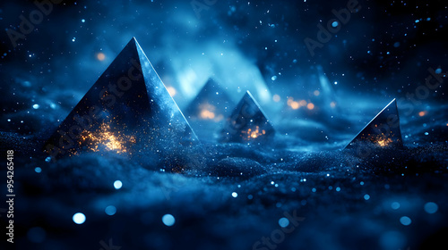 Sparkling Pyramids in a Blue and Black Background.