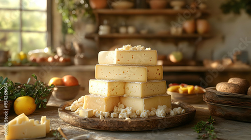 Stack of cheeses on rustic ...