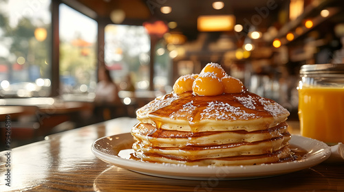 Stack of fluffy pancakes to...