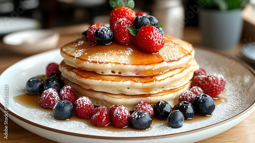 Stack of fluffy pancakes to...