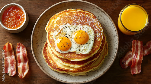 Stack of fluffy pancakes to...
