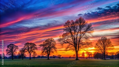 Sunset at Olympia park in Munich with silhouette of trees and colorful sky, Munich, Germany, sunset, Olympia park, trees