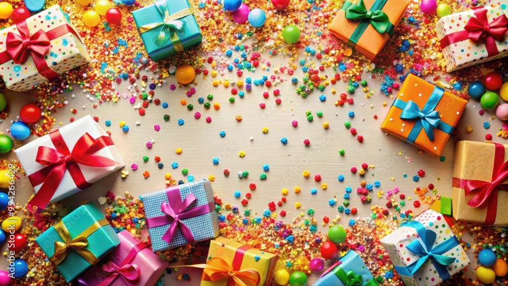 Fototapeta premium Exciting celebration with colorful confetti and gifts, celebration, gifts, confetti, party, festive, birthday, event, excitement