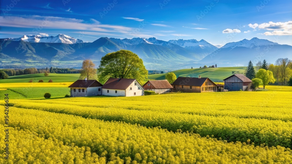 Swiss farms and rapeseed field in spring in Geneva canton, Switzerland, farm, rural, landscape, crop, agriculture, countryside