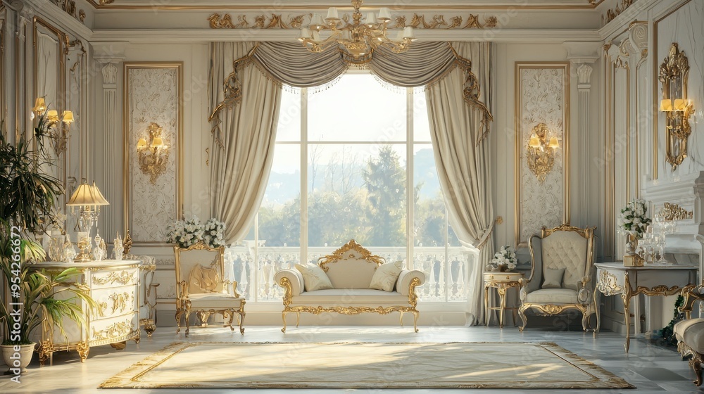Luxurious Living Room with Gold Accents White Walls and Large Window Luxurious Living Room with Gold Accents White Walls and Large Window
