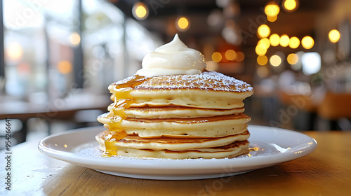 Stack of pancakes with whip...