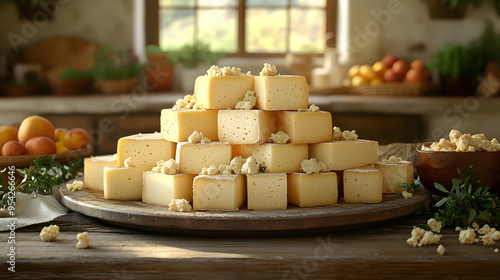 Stack of semi-hard cheese o...