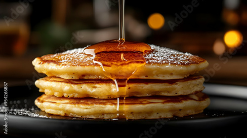Stack of three pancakes wit...